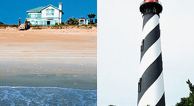 Abseits der Touristenmeilen gibt es Ferienhäuser in verschiedenen Preis- und Komfortklassen. Rechts: der Leuchtturm von St. Augustine.