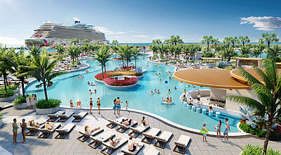 Modellbild der Bahamas-Insel Great Stirrup Cay. Um einen lagunenartigen Pool mit Swim-up-Bar stehen Palmen und Liegestühle. Viele Personen in Badekleidung genießen die Sonne, im Hintergrund liegt ihr großes Kreuzfahrtschiff