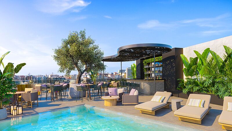 Zum Me Lisbon gehört auch ein Pool auf der Dachterrasse Exklusive Rooftop-Bar mit Pool und Panoramablick über Lissabon im Lifestyle-Hotel ME by Meliá – trendiger Hotspot für Städtereisen und luxuriöse Erlebnisse in Portugals Hauptstadt.