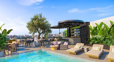Exklusive Rooftop-Bar mit Pool und Panoramablick über Lissabon im Lifestyle-Hotel ME by Meliá – trendiger Hotspot für Städtereisen und luxuriöse Erlebnisse in Portugals Hauptstadt.