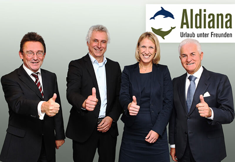 Aldiana-Geschäftsführer Peter Wennel (links) und die drei Gesellschafter Jürgen Marbach, Kristin Neumann von Thomas Cook und Santiago Santana Cazorla  von der Grupo Santana Cazorla