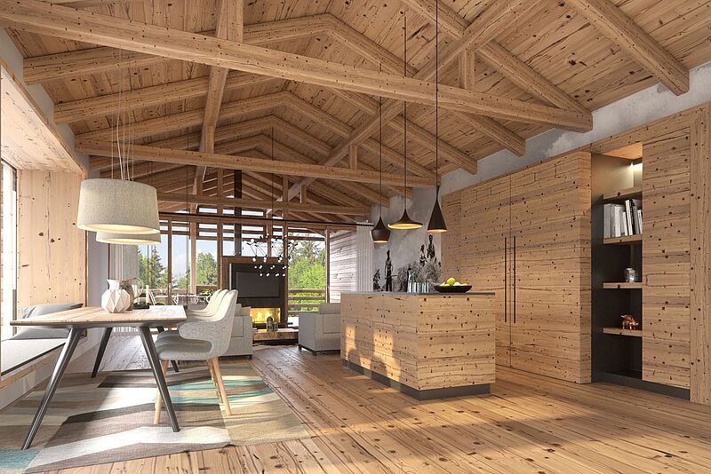 Blick in ein Ferienhaus im Center Parcs Allgäu mit viel Holz und hellen Möbeln