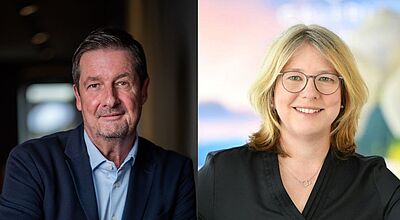 Zwei Portraitfotos: links Mann im dunklen Anzug, rechts Frau mit Brille in schwarzem Oberteil. Beide lächelnd.