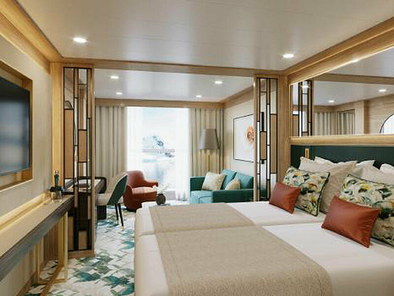 Helle Kabinen und Suiten mit 17 bis 44 Quadratmetern Wohnraum bietet die neue World Voyager. Modell: Nicko Cruises