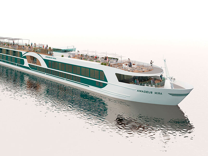 Der Neubau Amadeus Mira soll ab Januar 2026 buchbar sein. Modell: Lüftner Cruises Modellbild eines modernen Flusskreuzfahrtschiffes mit weißem Rumpf und dem Namen Amadeus Mira