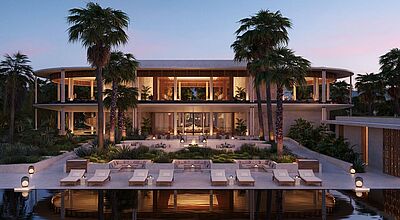Modernes zweistöckiges Luxusresort mit Infinity-Pool, Palmen und Liegestühlen in der Abenddämmerung, stimmungsvoll beleuchtet.