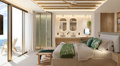 Blick in ein Hotelzimmer des Iberostar Selection Es Trenc auf Mallorca