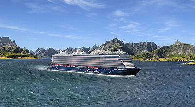 Die Mein Schiff Flow soll 2026 in Dienst gestellt werden. Modell: TUI Cruises Kreuzfahrtschiff auf dem Meer