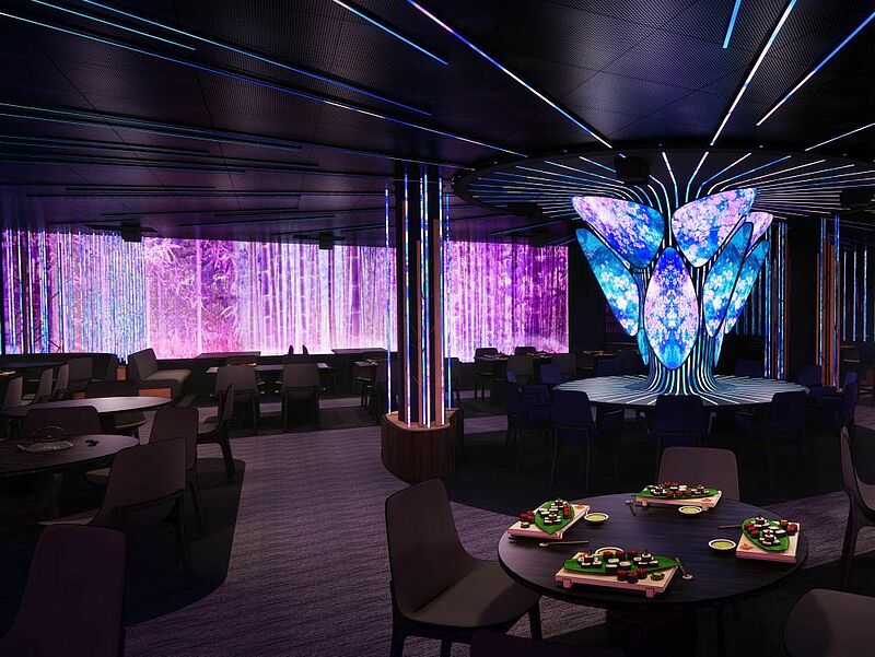 Das Restaurant Hanami by Tim Raue wird erst zur Virtual-Reality-Bühne und dann zum Club. Modell: TUI Cruses