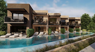 Luxuriöse Suiten mit direktem Poolzugang im Boutique-Hotel Ananea Rocrita auf Kreta, moderne Architektur und stilvolle Sonnenliegen in mediterraner Umgebung