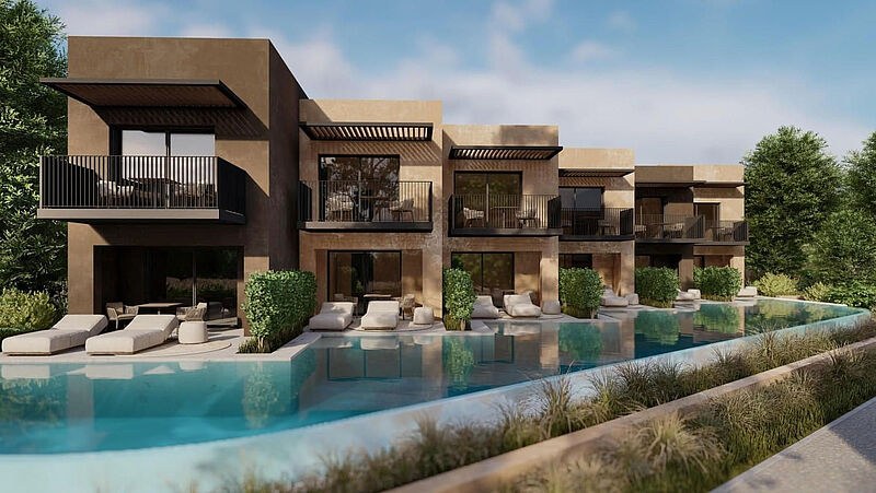 Luxuriöse Suiten mit direktem Poolzugang im Boutique-Hotel Ananea Rocrita auf Kreta, moderne Architektur und stilvolle Sonnenliegen in mediterraner Umgebung