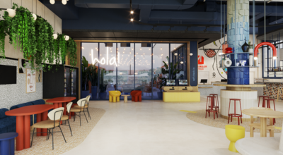 Blick in die Lobby im Meininger Hotel Barcelona, das 2027 gegenüber der Messe eröffnen wird