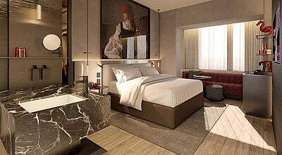 So soll eines der Zimmer des für 2025 geplanten Radisson Red Auckland aussehen. Modell: Radisson So soll eines der Zimmer des für 2025 geplanten Radisson Red Auckland aussehen. Modell: Radisson