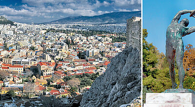 Athen hat sich noch nicht als Städtereiseziel etabliert. Rechts: Statue eines Diskuswerfers vor dem Panathenäischen Stadion in Athen.
