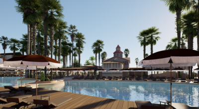 Blick über einen Pool mit schönen Liegen. Das Foto ist ein Modell