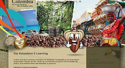 Eine Kaffeebohne mit Hut begleitet Reiseverkäufer durch die Online-Schulung