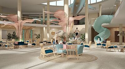 Vor allem die Lobby mit Rutsche begeisterte die Webinar-Teilnehmer