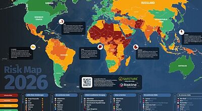 Die Risk Map 2026 zeigt, wo Reisende im kommenden Jahr mit den größten Sicherheits- und Gesundheitsrisiken rechnen müssen. Weltkarte der Safeture/Riskline Risk Map 2026 mit farblicher Kennzeichnung der globalen Reiserisiken – von Dunkelgrün (geringes Risiko) bis Dunkelrot (kritisches Risiko). Hohe Risiken in Afrika, Nahost, Südasien und Teilen Südamerikas, niedrige Risiken in Europa, Nordamerika und Australien.