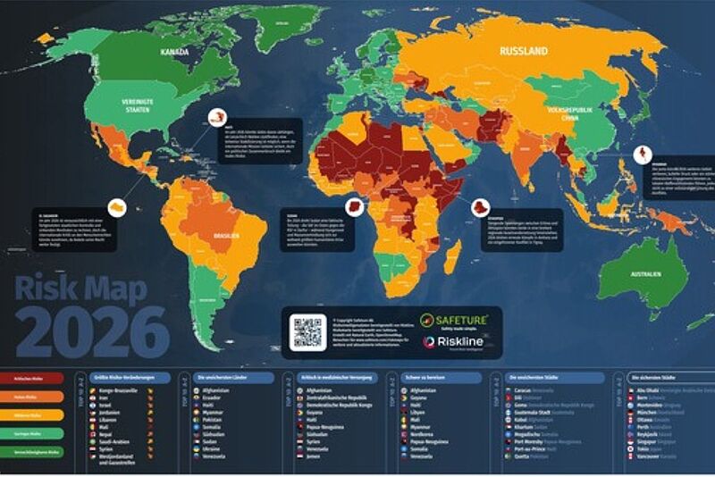 Weltkarte der Safeture/Riskline Risk Map 2026 mit farblicher Kennzeichnung der globalen Reiserisiken – von Dunkelgrün (geringes Risiko) bis Dunkelrot (kritisches Risiko). Hohe Risiken in Afrika, Nahost, Südasien und Teilen Südamerikas, niedrige Risiken in Europa, Nordamerika und Australien.