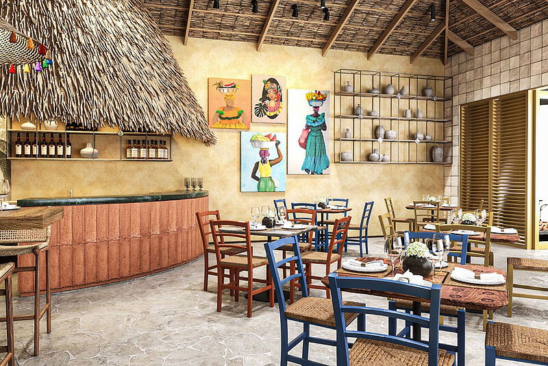 Mehrere Tische und Stühle stehen in einem Restaurant, im Hintergrund Bilder