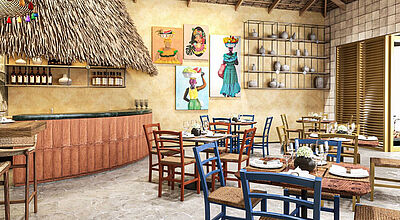 Mehrere Tische und Stühle stehen in einem Restaurant, im Hintergrund Bilder