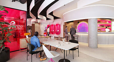 Ein Blick in eine quietschbunte Hotellobby