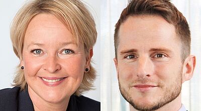 Zwei Geschäftspersonen posieren für Porträtfotos. Links eine lächelnde Frau mit kurzen blonden Haaren, dunklem Blazer und schwarzen Ohrringen vor hellem Hintergrund. Rechts ein lächelnder Mann mit kurzem braunem Haar, leichtem Bart und blauem Anzug mit hellblauem Hemd vor einem lichtdurchfluteten Hintergrund.