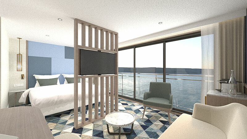 Die offene Raumgestaltung an Bord der neuen Viva One zeigt sich auch in den Kabinen. Modell: Viva Cruises