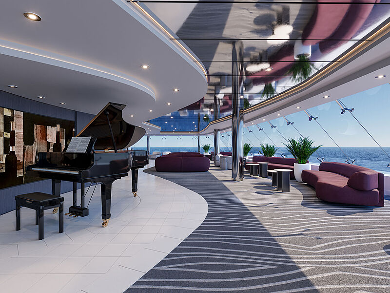 Modellbild einer lichtdurchfluteten Lounge mit hohen Panoramafenstern auf dem Vorderdeck eines Kreuzfahrtschiffes.