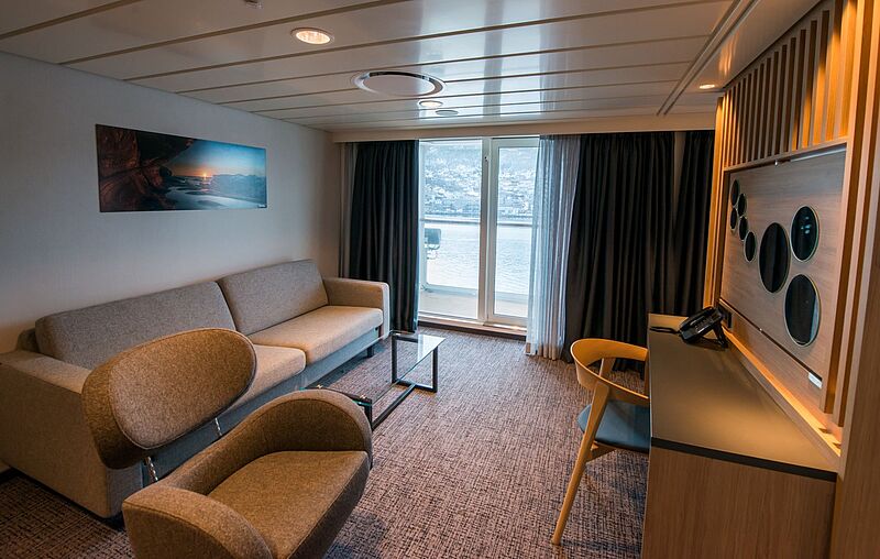 Blick in die Juniorsuite auf der neuen Havila Capella