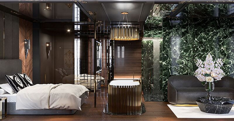 Blick in ein Hotelzimmer, in dem einige Sachen glitzern. Es wurde von Philipp Plein designt