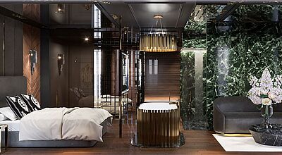 Blick in ein Hotelzimmer, in dem einige Sachen glitzern. Es wurde von Philipp Plein designt