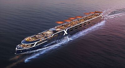 Modellbild eines innovativen, schnittigen Flusskreuzfahrtschiffs mit blauem Anstrich und einem großen X als Markenzeichen an der Bordwand. 
