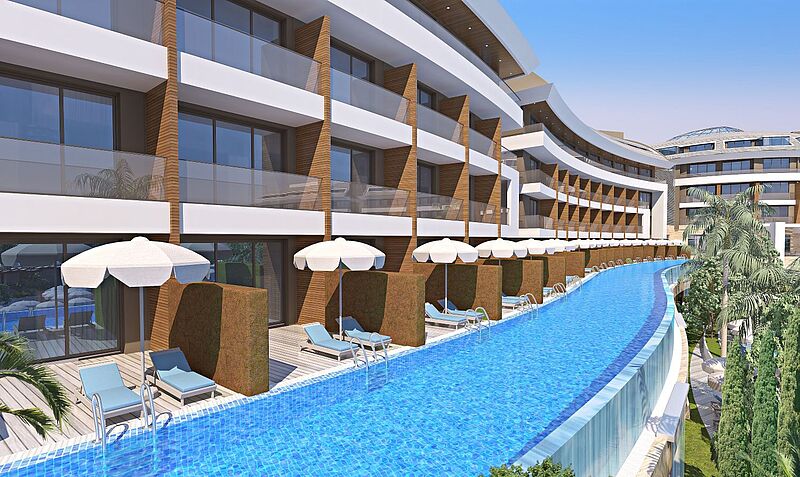 Modernes Luxus-Hotel mit direktem Poolzugang von den Zimmern, Sonnenterrassen mit Liegestühlen und Sonnenschirmen, ideal für exklusiven Urlaub am Infinity-Pool unter Palmen