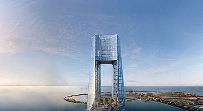 Futuristischer Wolkenkratzer mit Glasfassade an der Küste von Dubai mit Panoramablick über das Meer und die künstliche Insel Palm Jumeirah – modernes Architektur- und Reise-Highlight