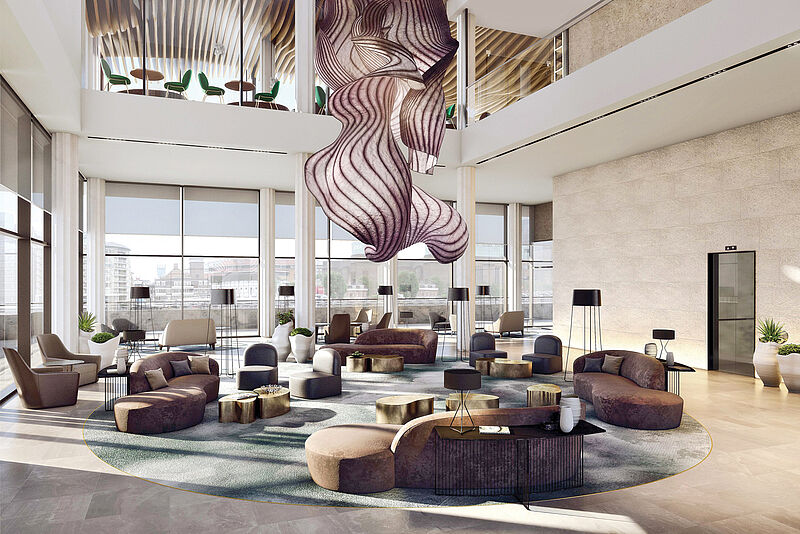 Die über zwei Etagen reichende Lobby des Westin London City verfügt über deckenhohe Fenster