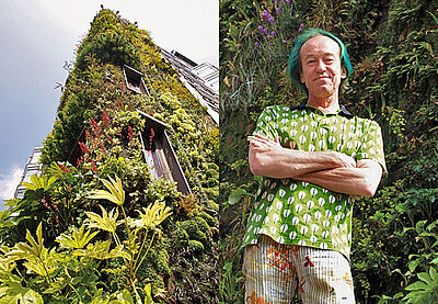 Links: Londons höchster Garten umspannt zehn Stockwerke. Rechts: Röhrenjeans mit Pflanzendruck und Hemd mit Blattmuster: Architekt Patrick Blanc. Links: Londons höchster Garten umspannt zehn Stockwerke. Rechts: Röhrenjeans mit Pflanzendruck und Hemd mit Blattmuster: Architekt Patrick Blanc.