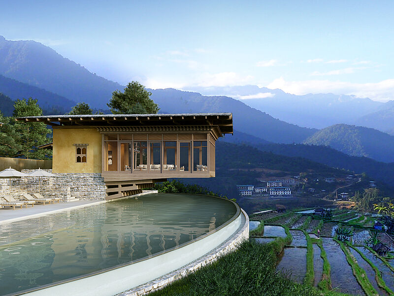 Blick von der Punakha Lodge über die Reisfelder. Foto: Six Senses
