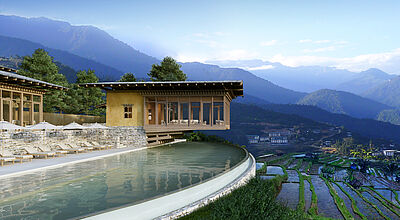 Blick von der Punakha Lodge über die Reisfelder. Foto: Six Senses