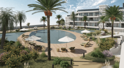 Pool mit Palmen, dahinter ein Hotel. Alles als Modell