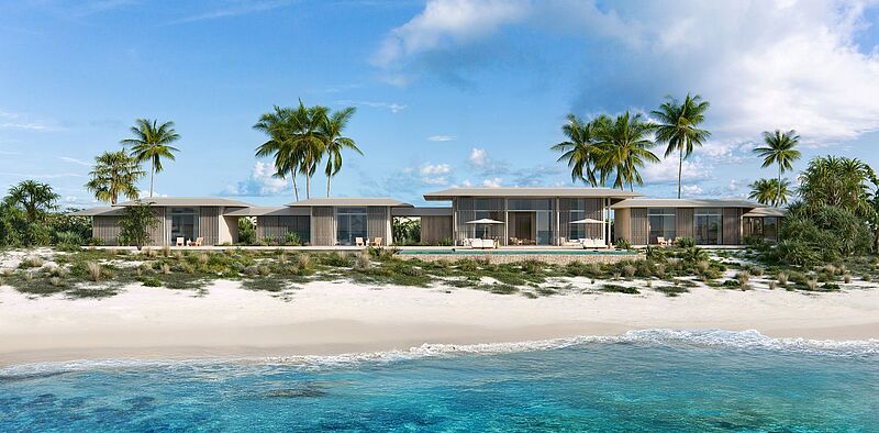 Luxuriöse Strandvilla mit modernem Design und Infinity-Pool unter Palmen direkt am türkisblauen Meer – exklusives Resort auf einer karibischen Insel.