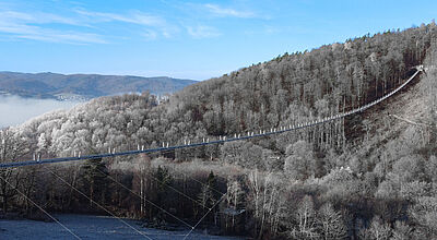 Hängeseilbrücke über einer weißen, bewaldeten Winterlandschaft