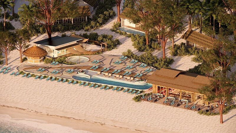 Zum Outrigger Phi Phi Island Resort gehören insgesamt 63 Suiten und Villen Luxuriöse Strandresort-Anlage mit Infinity-Pool, Sonnenliegen und tropischen Villen an einem weißen Sandstrand – perfekt für Entspannung, Wellness und nachhaltigen Strandurlaub in exotischer Umgebung