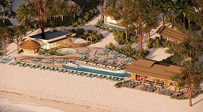 Zum Outrigger Phi Phi Island Resort gehören insgesamt 63 Suiten und Villen Luxuriöse Strandresort-Anlage mit Infinity-Pool, Sonnenliegen und tropischen Villen an einem weißen Sandstrand – perfekt für Entspannung, Wellness und nachhaltigen Strandurlaub in exotischer Umgebung