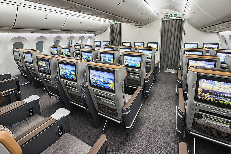 Blick in die Kabine der taiwanische Fluggesellschaft Eva Air mit Sitzen der neuen Premium Economy Class