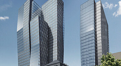 Das „Palais Quartier“ an der Frankfurter Hauptwache im Modell, rechts der Hotelturm