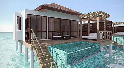 Baden im eigenen Pool oder lieber im Meer? Qual der Wahl für die Gäste der neuen Wasserbungalows, die im Robinson Club Maldives gebaut werden
