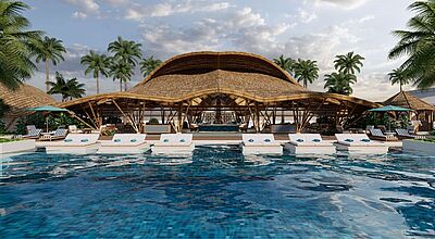 Ein Pool mit sechs Wasserbetten, dahinter ist die Poolbar