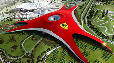 Das große Ferrari-Logo auf dem Dach der Ferrari World wird jeder beim Landeanflug auf Abu Dhabi sehen