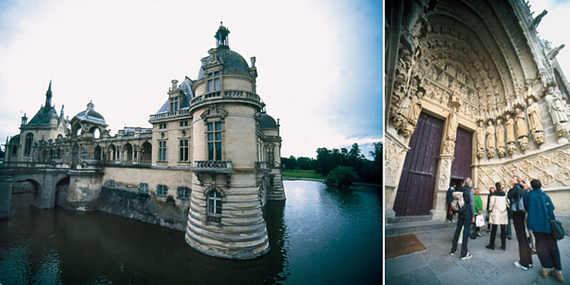 Das Condé-Museum im Wasserschloss von Chantilly beherbergt nach dem Pariser Louvre die bedeutendste Gemäldesammlung Frankreichs. Rechts: Zweifaches Weltkulturerbe: die Kathedrale Notre-Dame in Amiens.